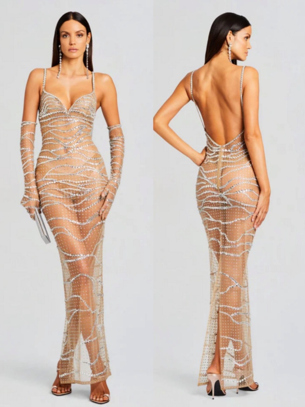 Retrofete Citrine Sheer Nude Beaded Evening Gown Size Large NEW! With tags!